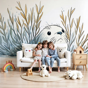 Sea otter mural wallpaper in peaceful nursery setting with marine theme decor by Kids-Mundo