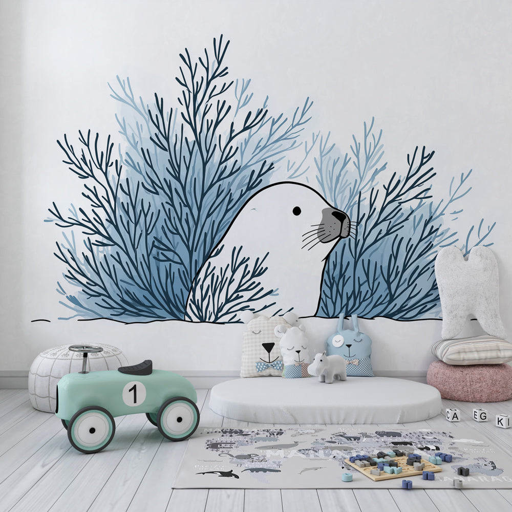 Marine animal wallpaper with sea otter design in modern kids playroom setting