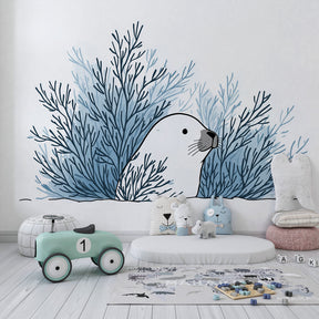 Marine animal wallpaper with sea otter design in modern kids playroom setting