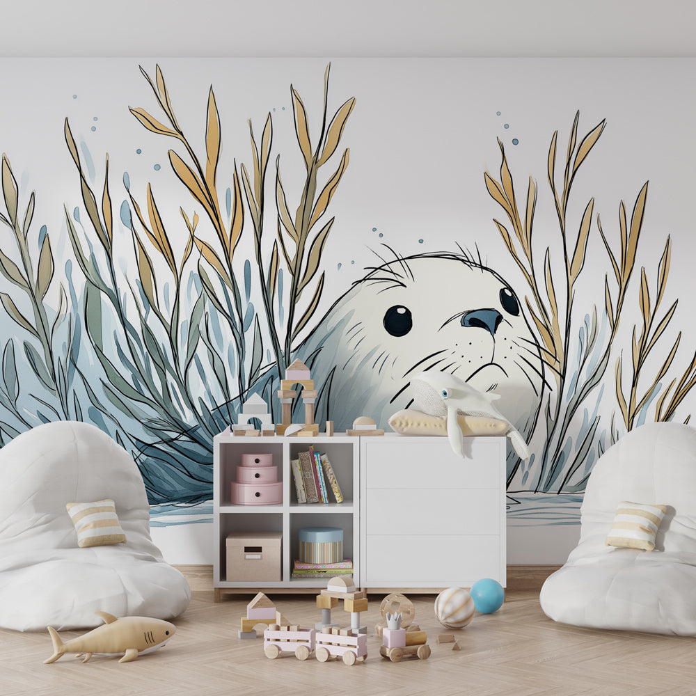 Marine animal wallpaper creating underwater adventure theme in modern toddler room