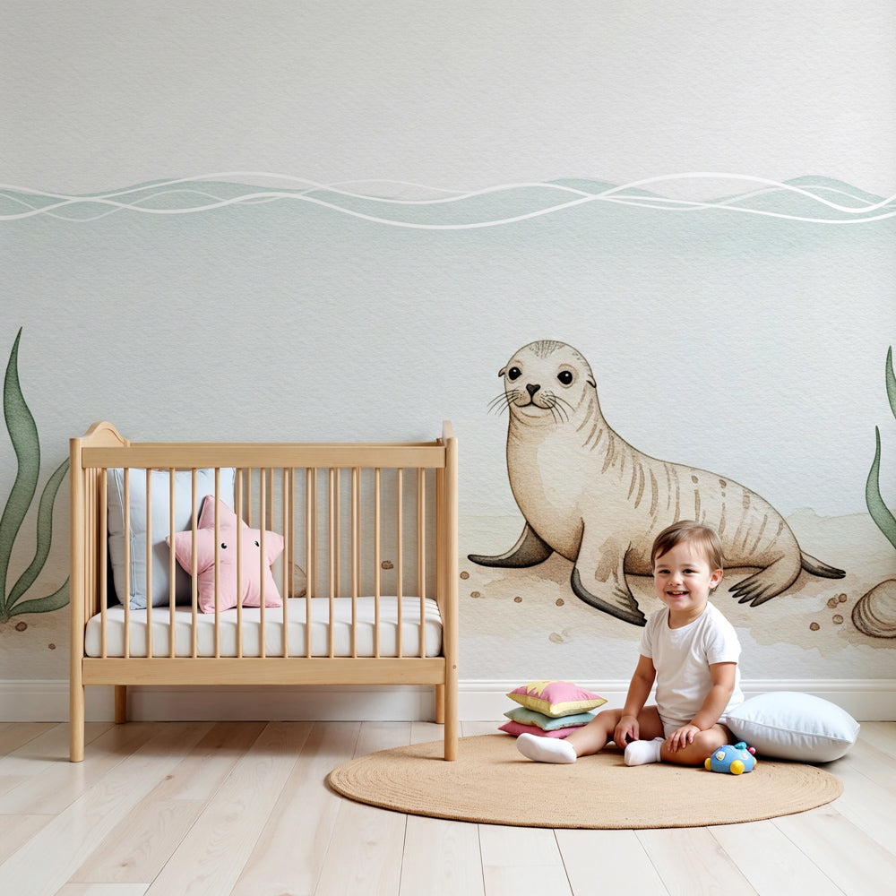 Sea seal mural wallpaper in modern baby nursery with light wood crib by Kids-Mundo