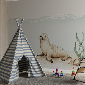 Marine animal wallpaper featuring cute seal in coastal-style baby room decor