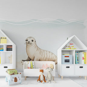 Underwater seal wallpaper creating peaceful nursery atmosphere with marine theme