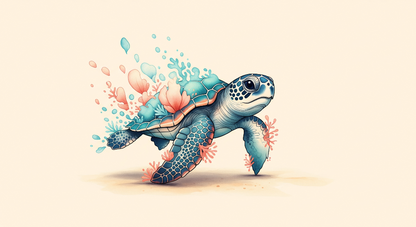 Kids-Mundo sea turtle artwork showing a turtle swimming through coral and splashing water.
