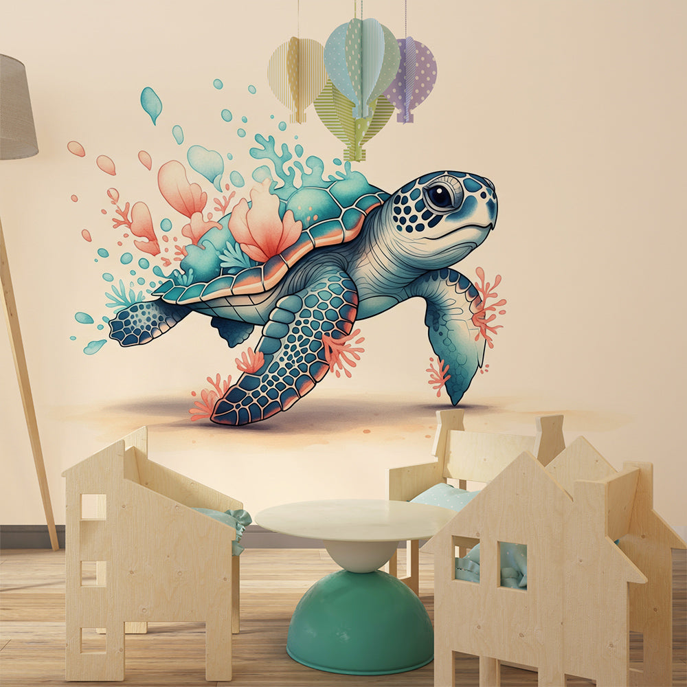Kids-Mundo sea turtle mural covering a playroom wall, made-to-measure coral reef wallpaper design.