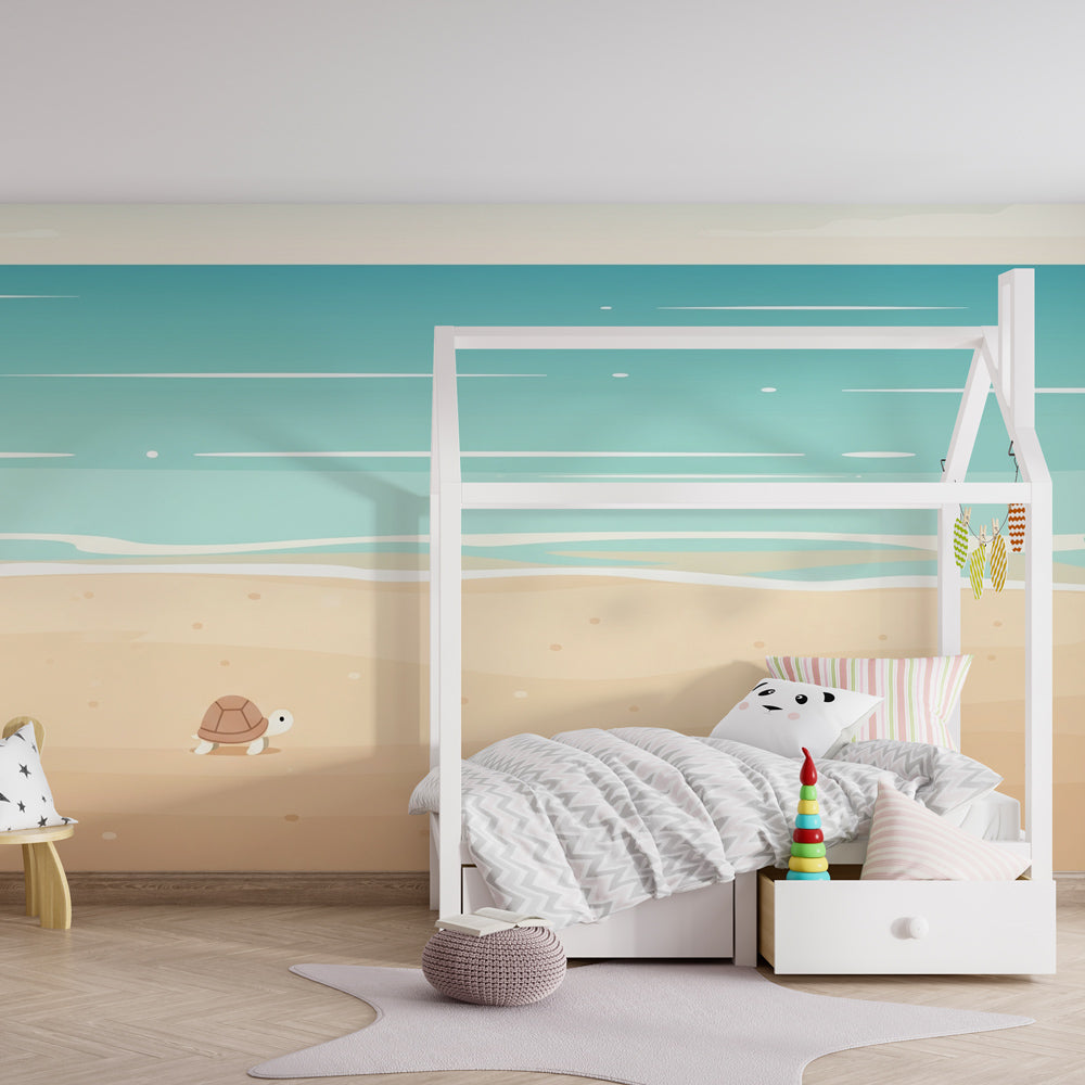 Ocean themed baby room featuring sea turtle beach wallpaper with soft blue and beige colors