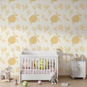 Ocean themed children's bedroom featuring sea turtle and coral mural wallpaper