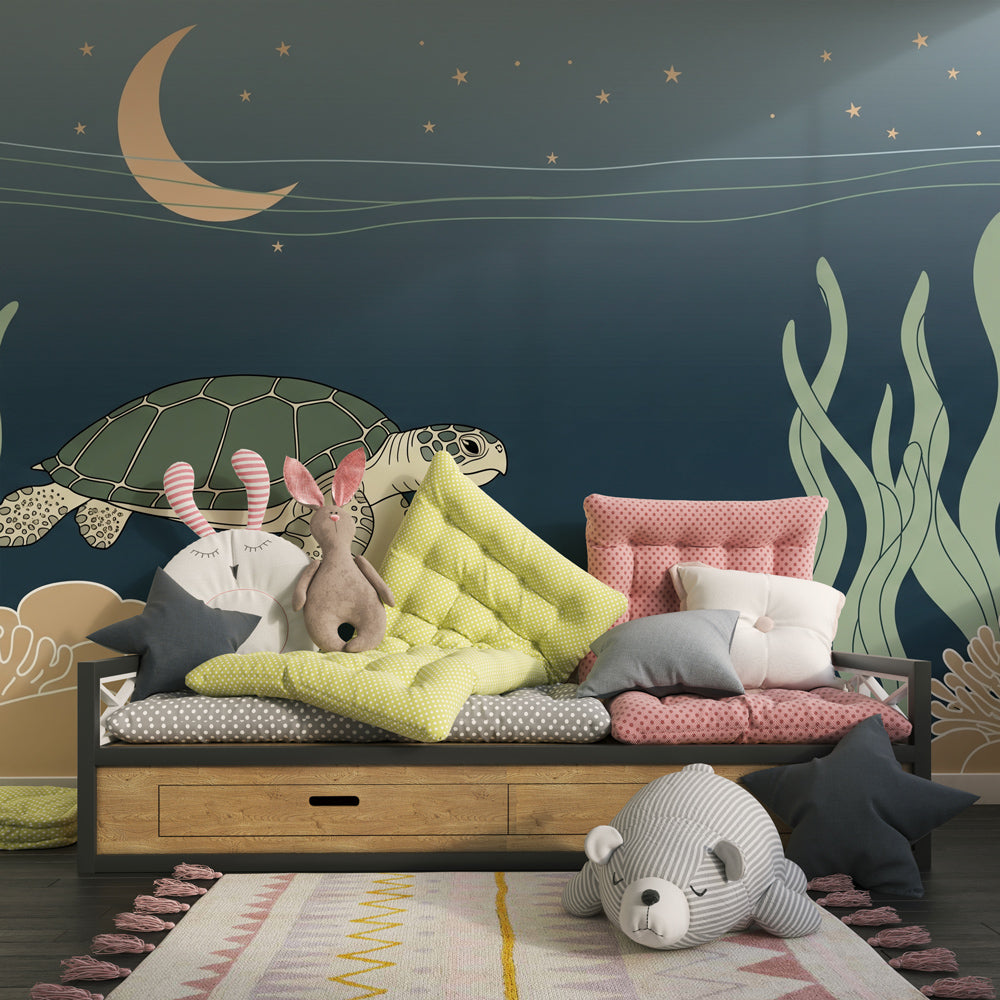 Ocean-themed children's bedroom featuring sea turtle wallpaper with coral reef details and golden stars