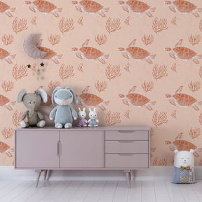 Ocean themed sea turtle wallpaper creating calming marine atmosphere in children's bedroom