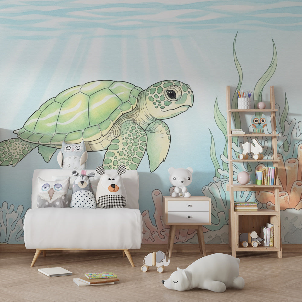 Colorful coral reef turtle wallpaper creating underwater theme in modern kids bedroom