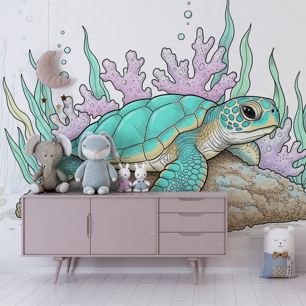 Coral reef sea turtle wallpaper transforming modern kids bedroom into ocean paradise