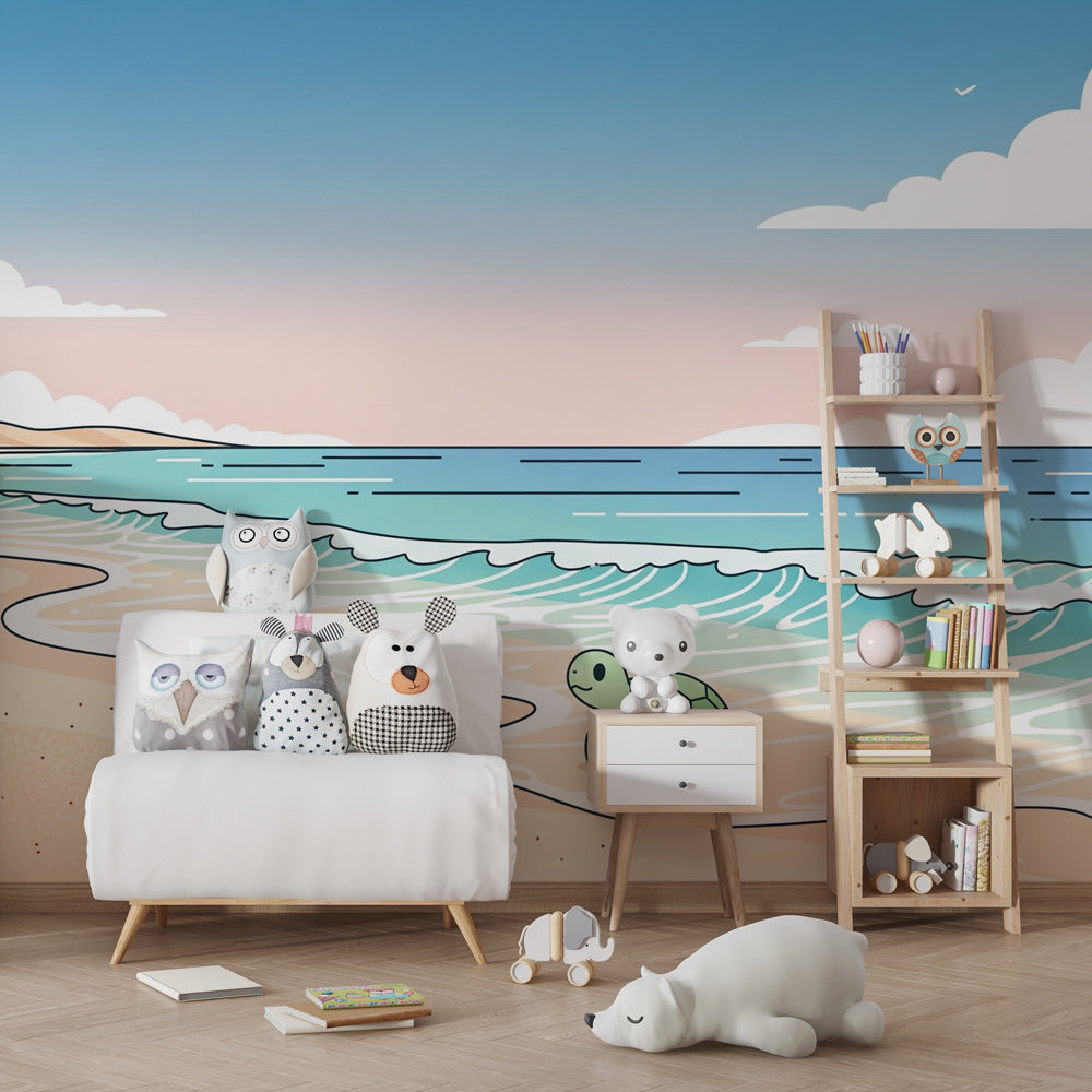 Marine animal wallpaper featuring sea turtle swimming along golden beach for kids room