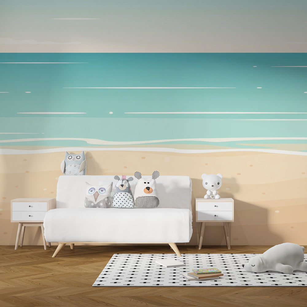 Coastal baby nursery decor with sea turtle mural wallpaper creating serene ocean atmosphere