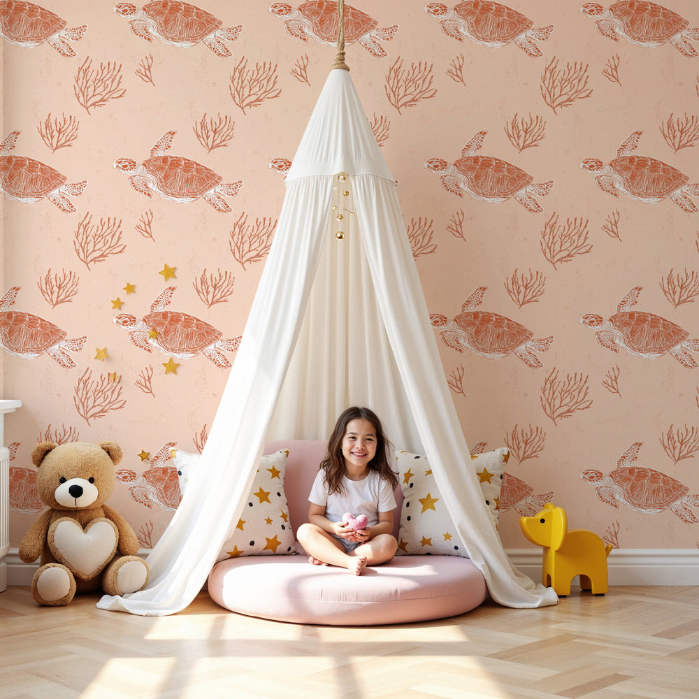 Sea turtle mural wallpaper in coral ocean theme decorating modern kids nursery by Kids-Mundo