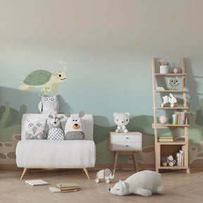 Underwater coral reef mural wallpaper creating peaceful atmosphere in toddler bedroom