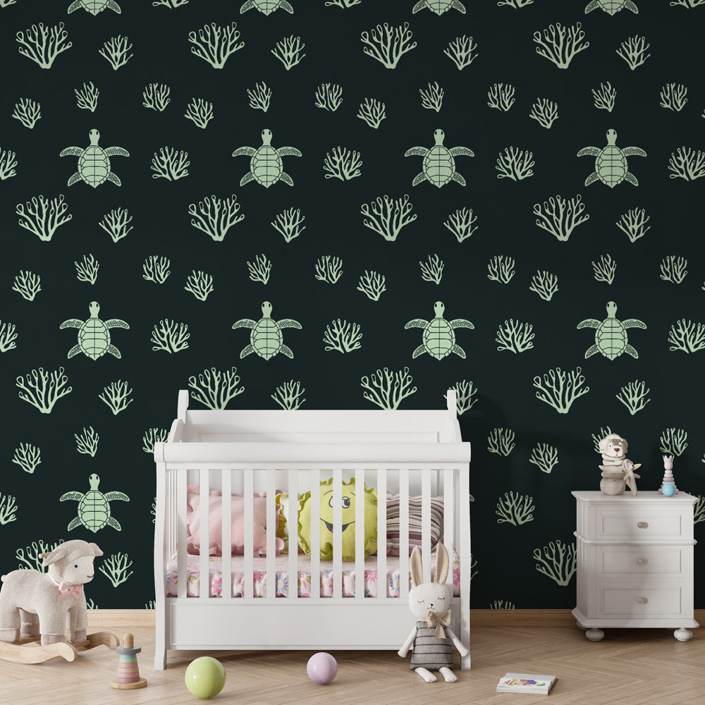 Ocean coral reef mural wallpaper in modern kids bedroom setting by Kids-Mundo