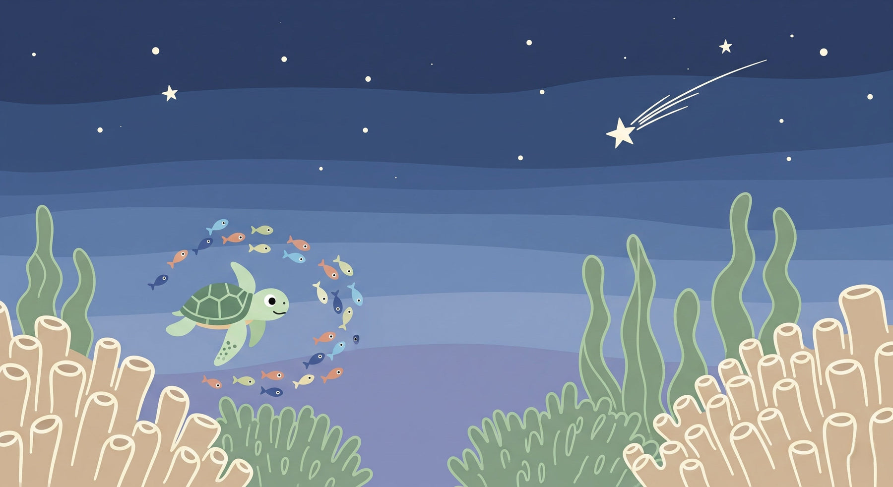Detailed sea turtle and fish mural wallpaper design pattern with starry underwater scene by Kids-Mundo
