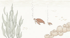 Detailed sea turtle mural wallpaper design pattern with aquatic plants and ocean bubbles by Kids-Mundo