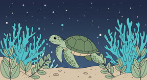 Detailed sea turtle and coral reef mural wallpaper design pattern under starry sky by Kids-Mundo