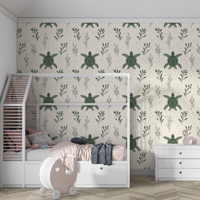 Marine life mural wallpaper featuring sea turtles and tropical plants for kids room