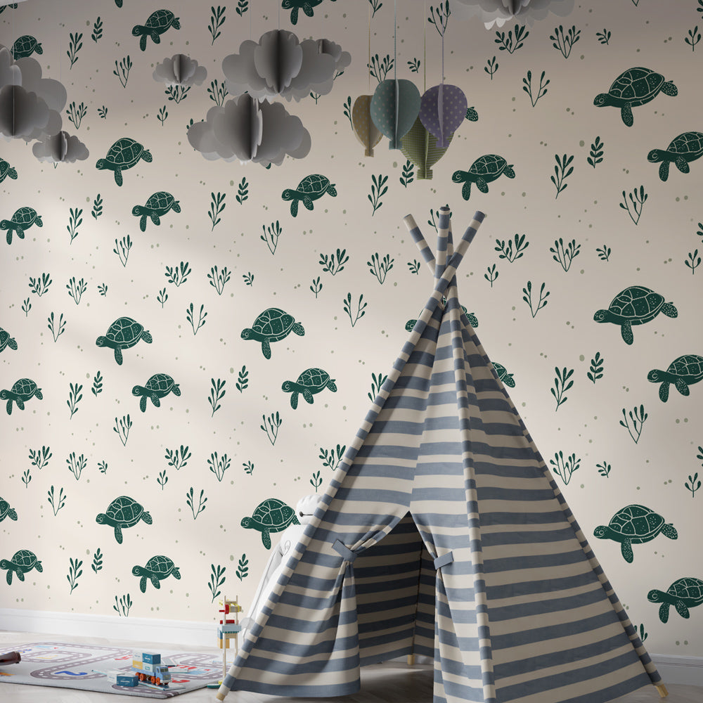 Marine turtle wallpaper with delicate botanical elements for children's room by Kids-Mundo