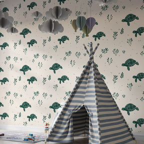 Marine turtle wallpaper with delicate botanical elements for children's room by Kids-Mundo