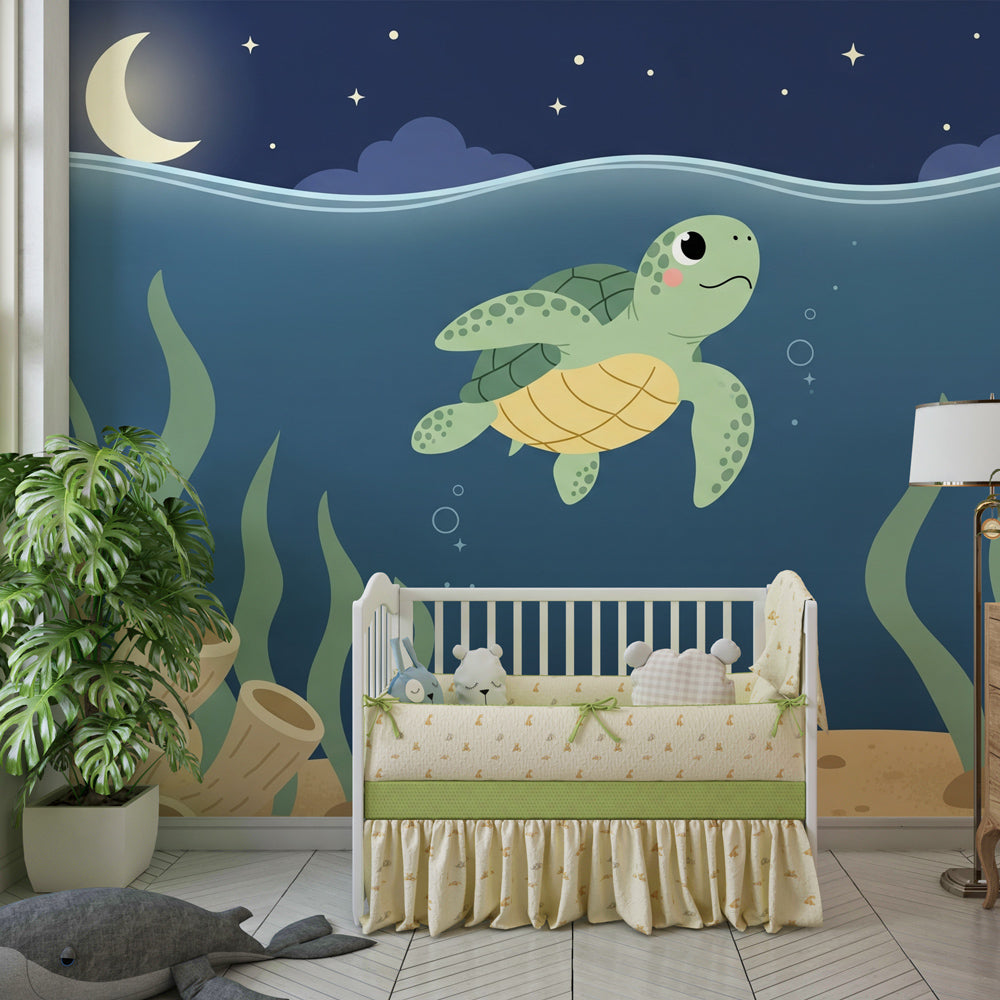 Marine life wallpaper featuring gentle sea turtle in serene underwater scene for kids room