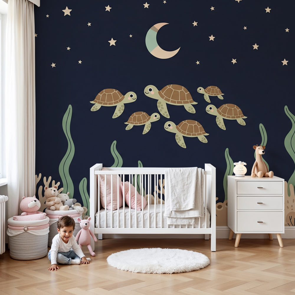 Sea turtle mural wallpaper creating peaceful underwater nursery decor with starry ocean theme by Kids-Mundo