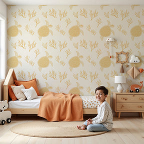 Sea turtle mural wallpaper with golden coral in modern nursery room by Kids-Mundo