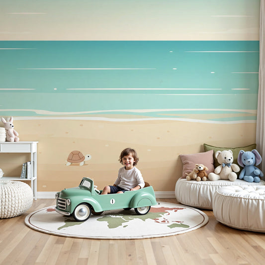 Sea turtle mural wallpaper in peaceful baby nursery with coastal beach theme by Kids-Mundo