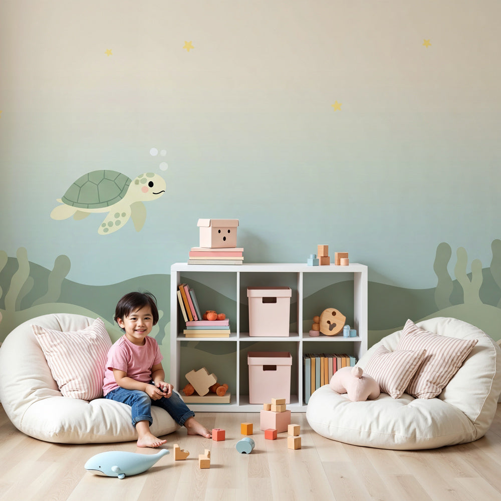 Sea turtle underwater mural wallpaper in modern baby nursery with white crib by Kids-Mundo