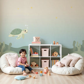 Sea turtle underwater mural wallpaper in modern baby nursery with white crib by Kids-Mundo