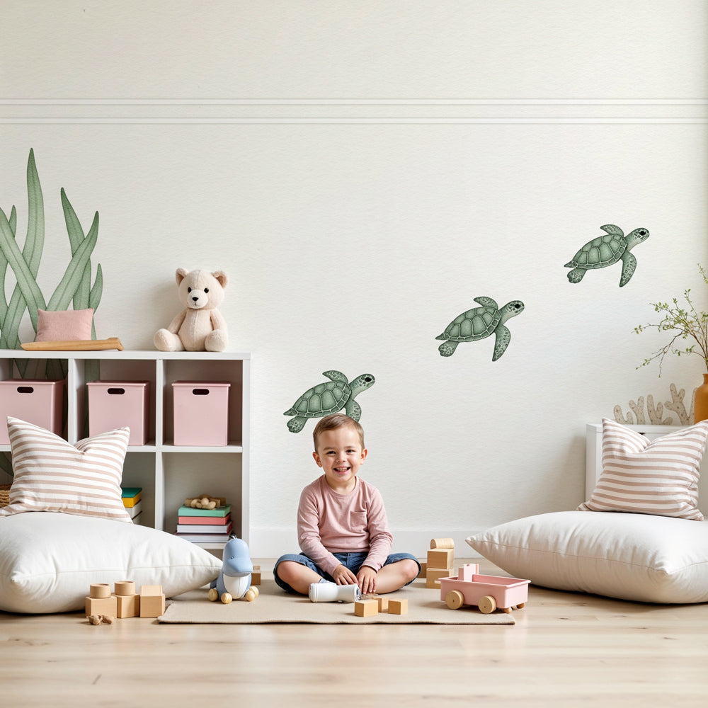 Sea turtle mural wallpaper in modern baby nursery with marine life theme by Kids-Mundo