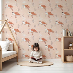 Sea turtle mural wallpaper in pastel nursery with ocean theme decor by Kids-Mundo