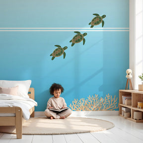Sea turtle mural wallpaper with coral reef design in modern nursery room by Kids-Mundo