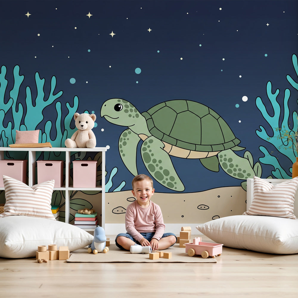 Sea turtle coral reef mural wallpaper in modern nursery with natural wood decor by Kids-Mundo