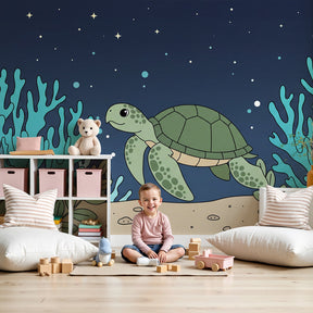 Sea turtle coral reef mural wallpaper in modern nursery with natural wood decor by Kids-Mundo