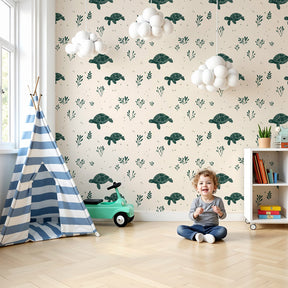 Sea turtle mural wallpaper creating peaceful ocean-themed nursery decor by Kids-Mundo