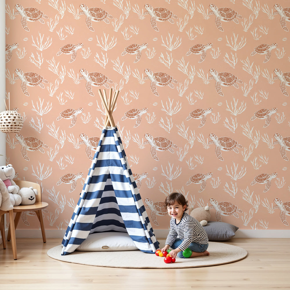 Sea turtle mural wallpaper creating peaceful coral ocean nursery decor by Kids-Mundo