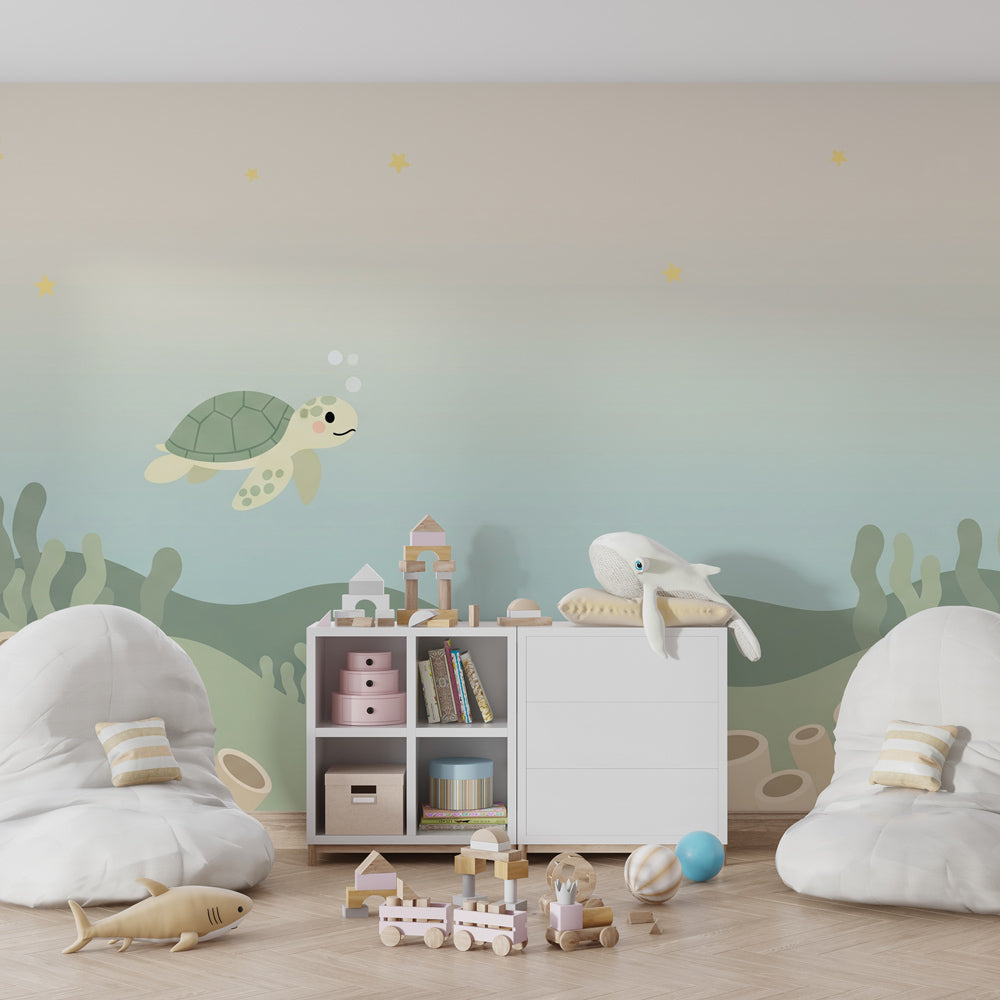 Ocean themed sea turtle wallpaper with coral details for calming nursery decor