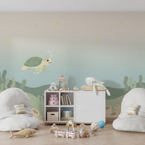 Ocean themed sea turtle wallpaper with coral details for calming nursery decor