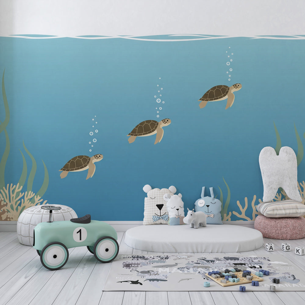 Underwater adventure mural wallpaper featuring sea turtles in children's playroom setting