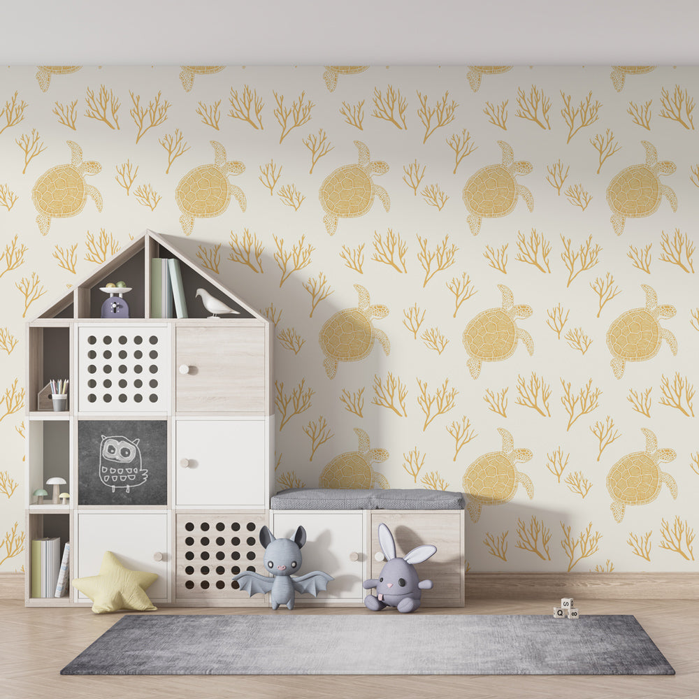 Golden coral and sea turtle wallpaper creating peaceful marine atmosphere in kids playroom