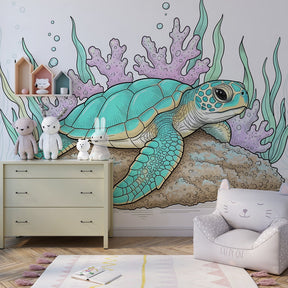 Ocean-themed sea turtle mural wallpaper for educational children's playroom by Kids-Mundo