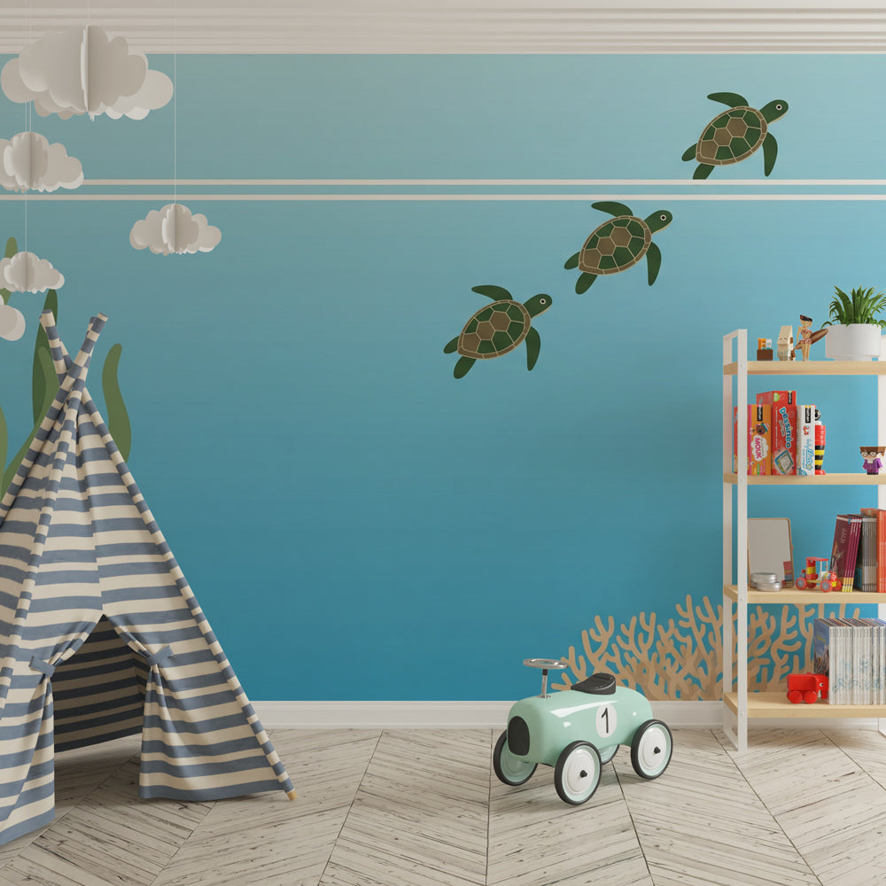 Underwater sea turtle wallpaper transforming kids playroom into marine adventure space by Kids-Mundo