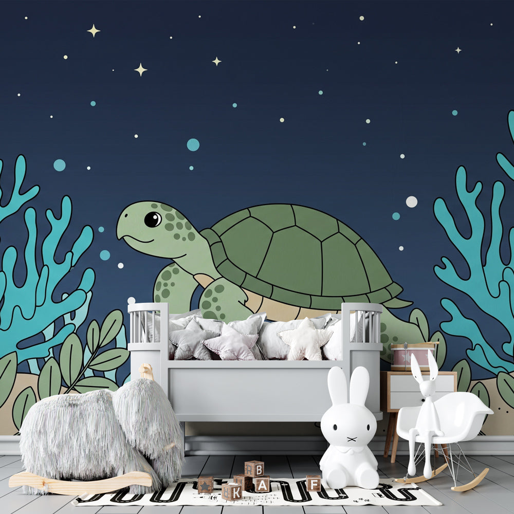 Underwater coral reef mural wallpaper creating magical ocean atmosphere in children's playroom