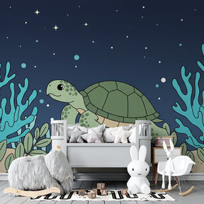Underwater coral reef mural wallpaper creating magical ocean atmosphere in children's playroom
