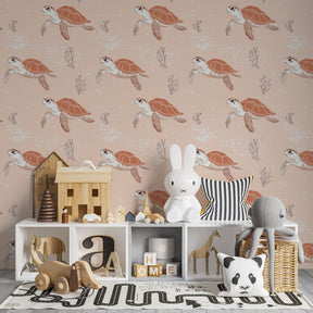 Marine turtle wallpaper creating calming underwater atmosphere in kids playroom