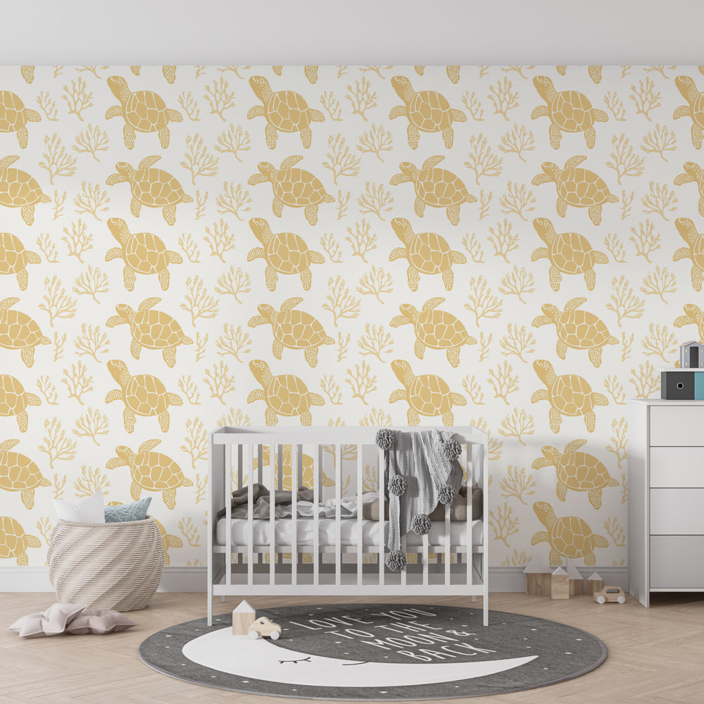 Sea turtle mural wallpaper creating peaceful underwater atmosphere in kids playroom by Kids-Mundo