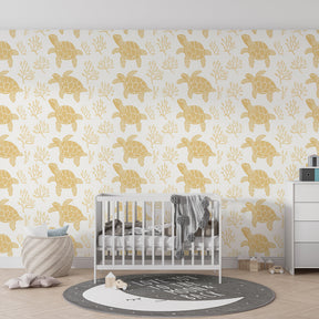Sea turtle mural wallpaper creating peaceful underwater atmosphere in kids playroom by Kids-Mundo